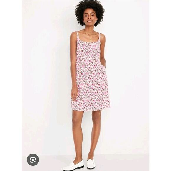 Old Navy White Pink Ditzy Floral Linen Blend Fit & Flare Cami Mini Dress Size XL - Picture 1 of 9